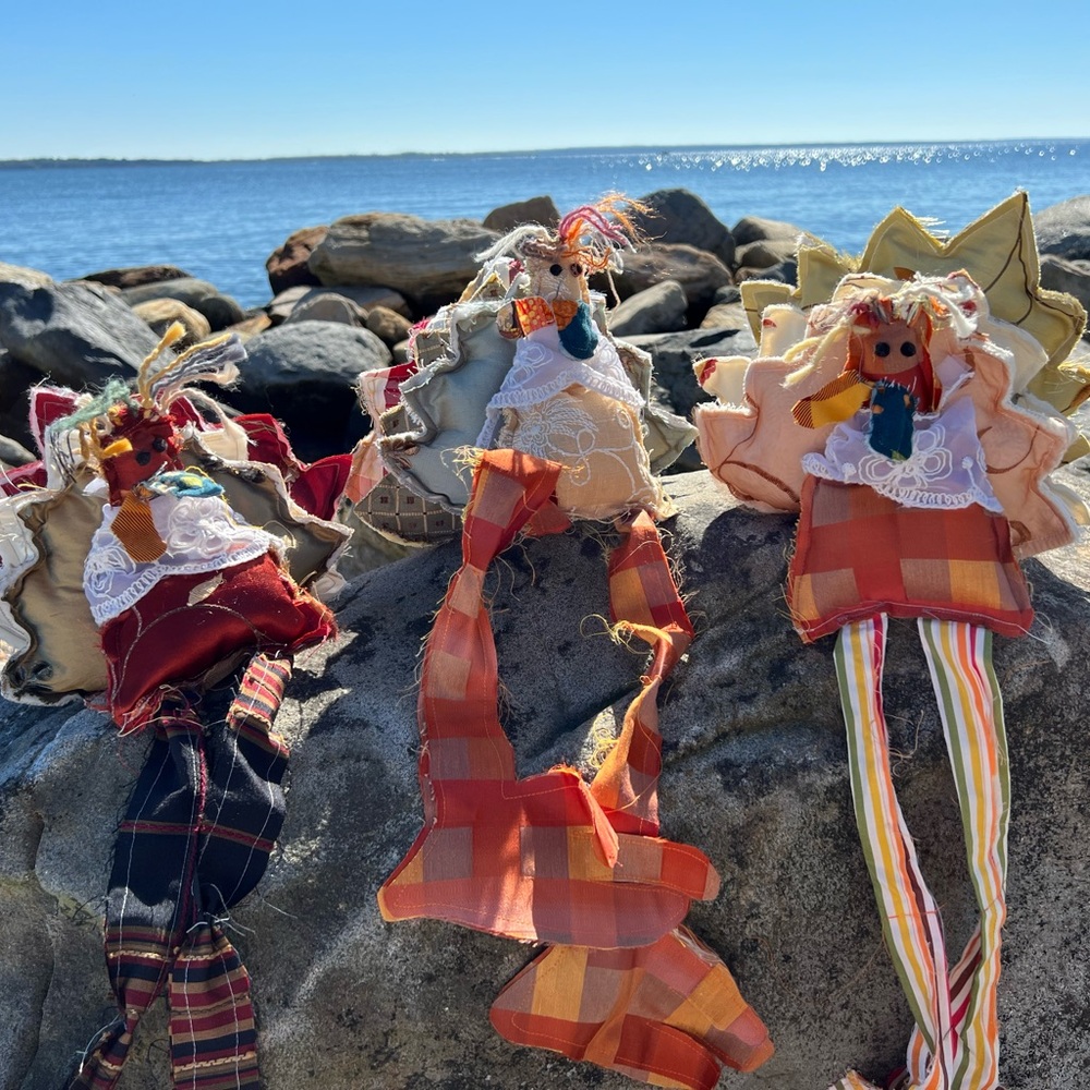 Handmade turkeys from multiple fabric and textiles. A whimsical addition!